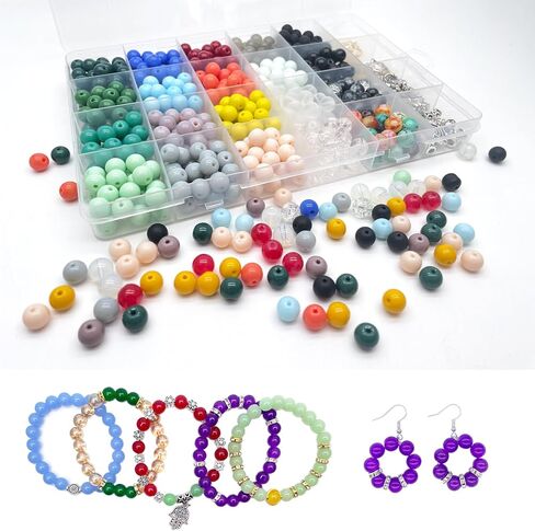 Xmada 563PCS 8mm Round Bracelet Making Kit - 20 Colors Glass Beads for Jewelry Making, Beads for Bracelets Making, Round Stone Crystal Beads (24-Grid/Glass-Bead) in Kuwait