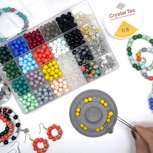 Xmada 563PCS 8mm Round Bracelet Making Kit - 20 Colors Glass Beads for Jewelry Making, Beads for Bracelets Making, Round Stone Crystal Beads (24-Grid/Glass-Bead) in Kuwait