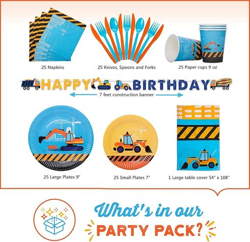 مجموعة لوازم حفلات أعياد الميلاد | ديكورات النقل للرضع والأطفال الصغار والشاحنات والسيارات والجرار - أكواب وألواح ولافتات ومناديل مفرش المائدة - ديكورات للأولاد والبنات - تكفي 25 شخصًا in Kuwait