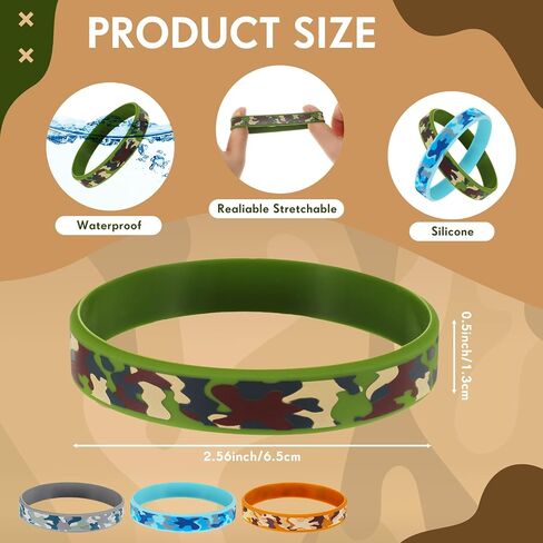 Inbagi 100 Pcs Camouflage Army Rubber Bracelets Camouflage 4 Styles Assorted Wristbands Camo Military Stretch Rubber Bracelets for Men Kids Women Army Party Gifts Birthday Party Decorations Supplies in Saudi Arabia
