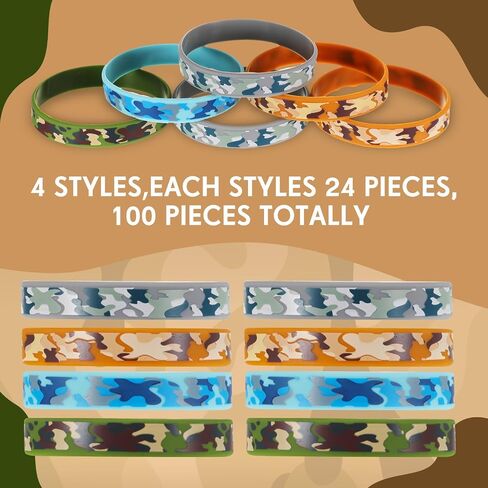 Inbagi 100 Pcs Camouflage Army Rubber Bracelets Camouflage 4 Styles Assorted Wristbands Camo Military Stretch Rubber Bracelets for Men Kids Women Army Party Gifts Birthday Party Decorations Supplies in Saudi Arabia