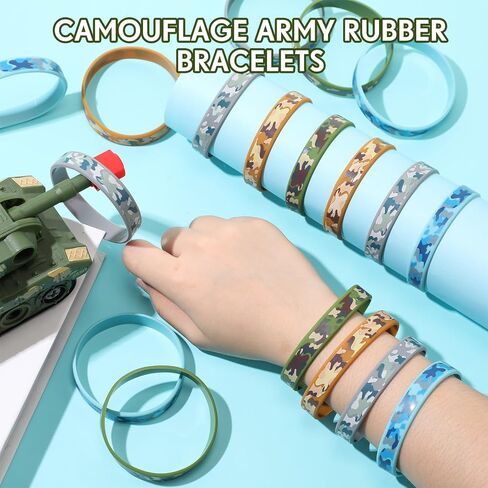 Inbagi 100 Pcs Camouflage Army Rubber Bracelets Camouflage 4 Styles Assorted Wristbands Camo Military Stretch Rubber Bracelets for Men Kids Women Army Party Gifts Birthday Party Decorations Supplies in Saudi Arabia