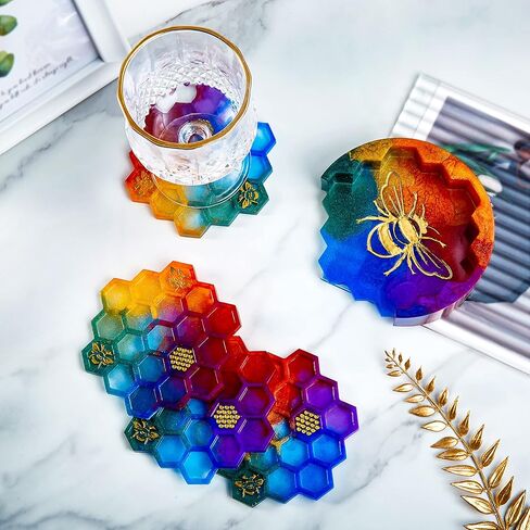 ISSEVE Honeycomb Coaster Resin Molds Set, 4Pcs Coaster Silicone Molds for Epoxy Resin with Storage Box Mold, Coaster Molds for Resin Casting, Epoxy Mold for DIY Resin Crafts, Cup Mats, Home Decoration in Kuwait