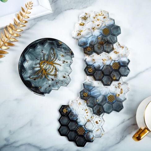 ISSEVE Honeycomb Coaster Resin Molds Set, 4Pcs Coaster Silicone Molds for Epoxy Resin with Storage Box Mold, Coaster Molds for Resin Casting, Epoxy Mold for DIY Resin Crafts, Cup Mats, Home Decoration in Kuwait