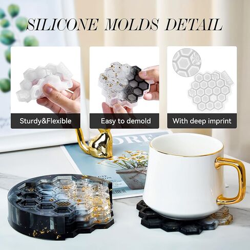 ISSEVE Honeycomb Coaster Resin Molds Set, 4Pcs Coaster Silicone Molds for Epoxy Resin with Storage Box Mold, Coaster Molds for Resin Casting, Epoxy Mold for DIY Resin Crafts, Cup Mats, Home Decoration in Kuwait