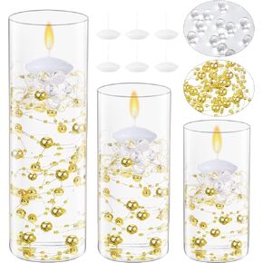 Shihanee 15 Pcs Clear Glass Cylinder Vases Centerpiece Flower Vase Candle Holder for Centerpiece Wedding Party Decor with Candles Faux Pearls String and Beads (White)