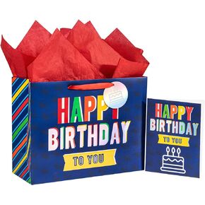 WRAPAHOLIC 16" Extra Large Birthday Gift Bag with Card and Tissue Paper - Colorful Stripe Happy Birthday