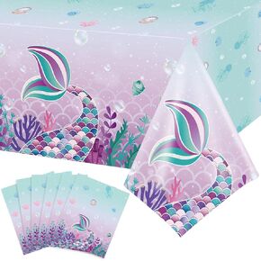 6 Pieces Mermaids Tablecloth, Sea Theme Party Table Covers Disposable Printed Plastic Waterproof Washable Table Cloth Supplies for Kids Girls Birthday Baby Shower Party Decoration, 54 x 108 Inch