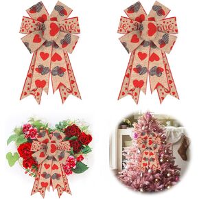 ALIBBON 2Pcs Valentine's Day Bows for Wreaths, Valentines Wreath Bows, Love Heart Bows, Buffalo Plaid Heart Red Heart Bows for Front Door, Valentines Decor, Burlap Bows for Indoor Outdoor Decorations