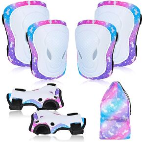 Knee Pads for Kids Elbow Pads Wrist Guards with Drawstring Mesh Bag, 7 in 1 Protective Gear Set for Girls Boys for Skating Cycling Rollerblading Scooter, 3-8 Years (Blue&Purple Unicorn)