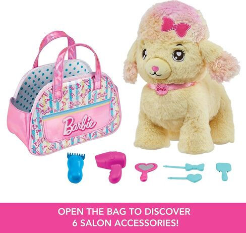 Barbie Stuffed Animals, Hairdresser Poodle with Themed Purse Playset and 6 Accessories, Plush with Lights and Sounds, Salon Pet Adventure in Saudi Arabia