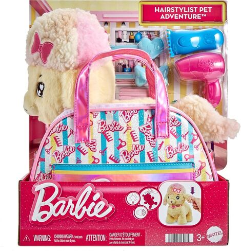 Barbie Stuffed Animals, Hairdresser Poodle with Themed Purse Playset and 6 Accessories, Plush with Lights and Sounds, Salon Pet Adventure in Saudi Arabia