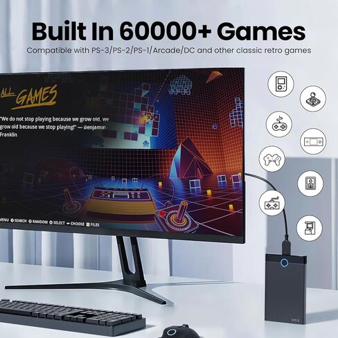 وحدة تحكم ألعاب Bearway Retro 500G HDD - وحدة تحكم ألعاب فيديو مع 60000+ ألعاب كلاسيكية، محرك أقراص ثابتة خارجي متوافق مع 70+محاكيات وألعاب ثلاثية الأبعاد، وحدة تحكم فائقة لنظام التشغيل Windows 8.1/10/11، SATA 3.0 in Kuwait