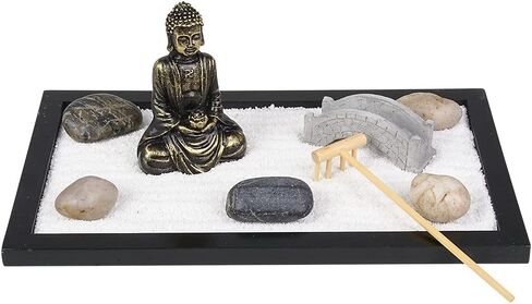 Japanese Home Zen Garden Set (11"x6.5") Includes 7 Pieces and 1 rake. Desk Size. Mini Rock Meditation Gift Sandbox Buddha Statue, Stones and Bridge Gift Stress Relieve Relief in Saudi Arabia