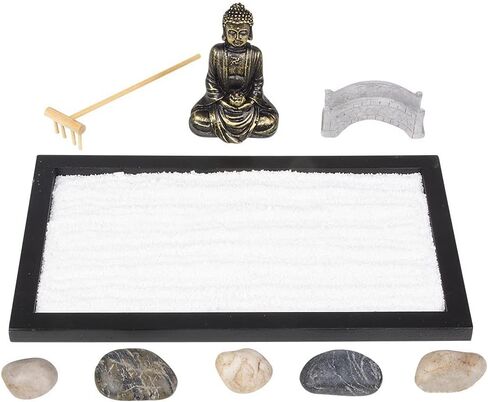 Japanese Home Zen Garden Set (11"x6.5") Includes 7 Pieces and 1 rake. Desk Size. Mini Rock Meditation Gift Sandbox Buddha Statue, Stones and Bridge Gift Stress Relieve Relief in Saudi Arabia