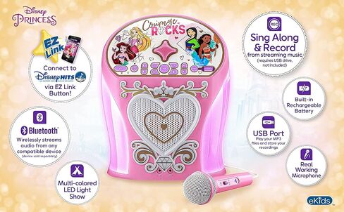 eKids Disney Princess Karaoke Machine, Bluetooth Speaker with Microphone for Kids, Speaker with USB Port to Play Music, Easily Access Disney Karaoke Playlists with New EZ Link Feature in Saudi Arabia
