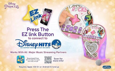 eKids Disney Princess Karaoke Machine, Bluetooth Speaker with Microphone for Kids, Speaker with USB Port to Play Music, Easily Access Disney Karaoke Playlists with New EZ Link Feature in Saudi Arabia