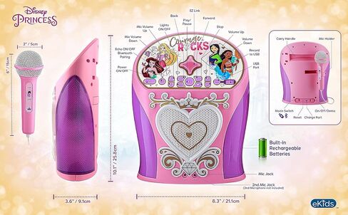 eKids Disney Princess Karaoke Machine, Bluetooth Speaker with Microphone for Kids, Speaker with USB Port to Play Music, Easily Access Disney Karaoke Playlists with New EZ Link Feature in Saudi Arabia