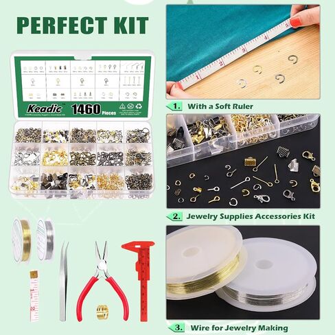 Keadic 1459Pcs Jewelry Findings Starter Kit Includes Jump Rings, Cord Ends, Eye Pin, Lobster Clasps, Earring Hooks, Beading Wires, Flat Nose Pliers for Jewelry Earring Bracket Necklace Making in Saudi Arabia