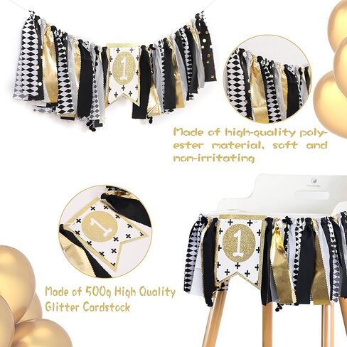 لافتة عيد ميلاد للكرسي المرتفع من YESSWL لعيد الميلاد الأول - ديكورات عيد ميلاد واحدة باللونين الأسود والذهبي لأعياد ميلاد الأطفال، وديكورات عيد ميلاد واحدة لدعائم كشك الصور، وأفضل لوازم الحفلات in Kuwait