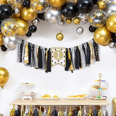 لافتة عيد ميلاد للكرسي المرتفع من YESSWL لعيد الميلاد الأول - ديكورات عيد ميلاد واحدة باللونين الأسود والذهبي لأعياد ميلاد الأطفال، وديكورات عيد ميلاد واحدة لدعائم كشك الصور، وأفضل لوازم الحفلات in Kuwait