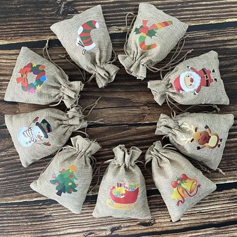 36 Pack Small Christmas Buffalo Plaid Gift Bags, Tiny Christmas Burlap Candy Bag with Drawstring for Xmas Stocking Stuffers, 9 Style Christmas Tree, Snowman, Santa Claus, Elk, Bell, Stocking etc in Kuwait
