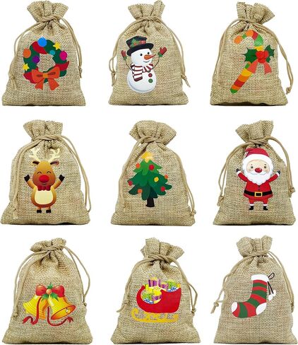 36 Pack Small Christmas Buffalo Plaid Gift Bags, Tiny Christmas Burlap Candy Bag with Drawstring for Xmas Stocking Stuffers, 9 Style Christmas Tree, Snowman, Santa Claus, Elk, Bell, Stocking etc in Kuwait