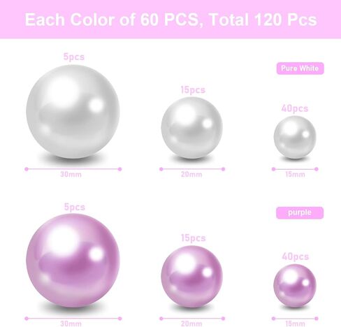 Boyistar 120 قطعة حشو مزهرية عائمة، خرز لؤلؤ بدون فتحة، مقاسات متنوعة، لؤلؤ صناعي مستدير لحشو المزهرية، لؤلؤ لحامل الفرشاة، الحرف اليدوية، لؤلؤ ديكور المنزل (أرجواني + أبيض) in Kuwait