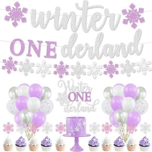 زينة حفل عيد الميلاد الأول وينتر أونيديرلاند، لافتة فضية لامعة أرجوانية للشتاء أونيرلاند، ديكور كعكة، بالونات ندفة الثلج للشتاء واستحمام الطفل الأول في عيد الميلاد الشتوي in Kuwait