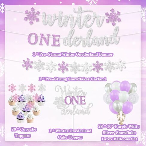 زينة حفل عيد الميلاد الأول وينتر أونيديرلاند، لافتة فضية لامعة أرجوانية للشتاء أونيرلاند، ديكور كعكة، بالونات ندفة الثلج للشتاء واستحمام الطفل الأول في عيد الميلاد الشتوي in Kuwait