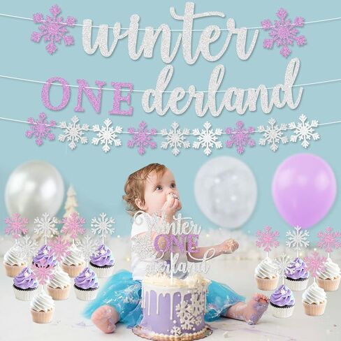 زينة حفل عيد الميلاد الأول وينتر أونيديرلاند، لافتة فضية لامعة أرجوانية للشتاء أونيرلاند، ديكور كعكة، بالونات ندفة الثلج للشتاء واستحمام الطفل الأول في عيد الميلاد الشتوي in Kuwait