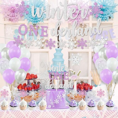 زينة حفل عيد الميلاد الأول وينتر أونيديرلاند، لافتة فضية لامعة أرجوانية للشتاء أونيرلاند، ديكور كعكة، بالونات ندفة الثلج للشتاء واستحمام الطفل الأول في عيد الميلاد الشتوي in Kuwait