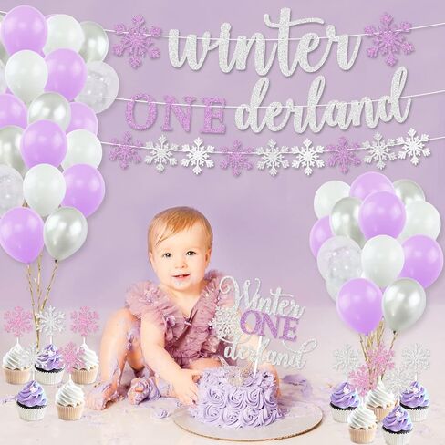 زينة حفل عيد الميلاد الأول وينتر أونيديرلاند، لافتة فضية لامعة أرجوانية للشتاء أونيرلاند، ديكور كعكة، بالونات ندفة الثلج للشتاء واستحمام الطفل الأول في عيد الميلاد الشتوي in Kuwait