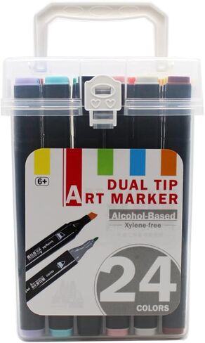 Lucky Art Alcohol Markers 24 Fresh Colors Fine and Chisel Tip Marker for Artists Coloring, Dual Tip Alcohol-based Ink, Permanent Art Marker Pen for Artist Adult Kids Drawing in Kuwait