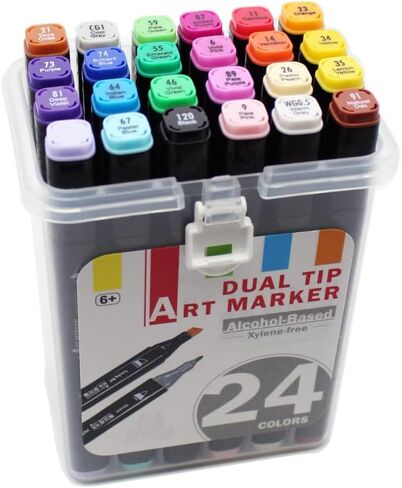 Lucky Art Alcohol Markers 24 Fresh Colors Fine and Chisel Tip Marker for Artists Coloring, Dual Tip Alcohol-based Ink, Permanent Art Marker Pen for Artist Adult Kids Drawing in Kuwait