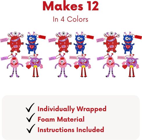 4E's Novelty Valentines Monster Craft Ornament (12 Pack) Foam Valentines Day Crafts for Kids Classroom DIY Activity Bulk - Individually Wrapped in Saudi Arabia