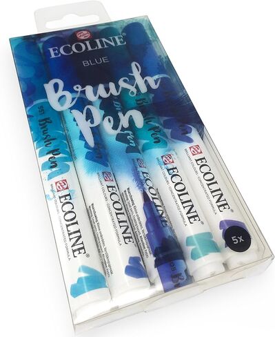 رويال تالينز - اقلام فرشاة الرسم بالالوان المائية السائلة ايكولين - مجموعة من محفظة بلاستيكية 5 انش - ازرق in Kuwait