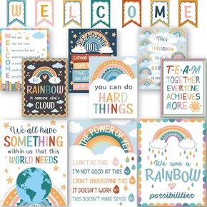 gisgfim 17 Pieces Rainbow Classroom Motivational Posters Welcome Decor Signs For Classroom Rainbow Bulletin Board Decorations Growth Mindset Classroom Posters Elementary Middle School Classroom Rules