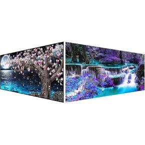 مجموعتان من مجموعات الرسم الماسي (40 × 70 سم)، بحيرة وقمر مع شلال تطريز دائري كامل، مجموعات فنية كبيرة الحجم للبالغين، فن الرسم بالاحجار الكريمة الكريستالية لديكور حائط المنزل 27.5 × 15.7 انش in Kuwait