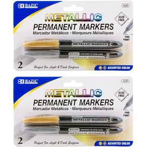BAZIC Permanent Markers Metallic Silver Gold, Fine Line Sparkle Coloring on Plastic Wood Metal Glass Stone for Greeting Card Party Art (2/Pack), 2-Packs