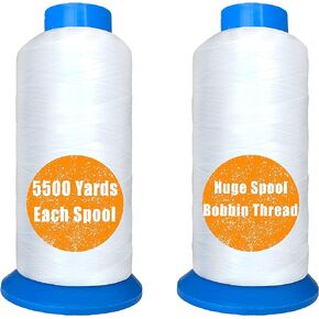 HimaPro Set of 2 Huge White Spools Bobbin Thread for Embroidery Machine and Sewing Machine - 5500 Yards (5000 Meters) Each - 100% Polyester - White & White