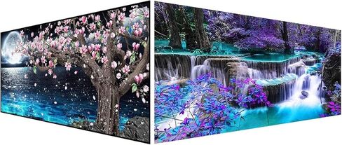 مجموعتان من مجموعات الرسم الماسي (40 × 70 سم)، بحيرة وقمر مع شلال تطريز دائري كامل، مجموعات فنية كبيرة الحجم للبالغين، فن الرسم بالاحجار الكريمة الكريستالية لديكور حائط المنزل 27.5 × 15.7 انش in Kuwait