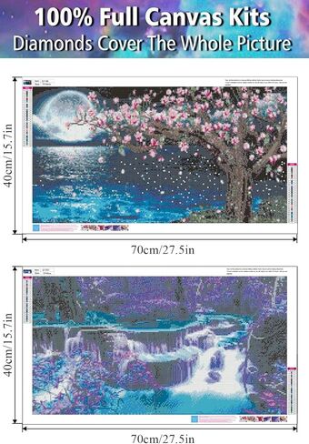 مجموعتان من مجموعات الرسم الماسي (40 × 70 سم)، بحيرة وقمر مع شلال تطريز دائري كامل، مجموعات فنية كبيرة الحجم للبالغين، فن الرسم بالاحجار الكريمة الكريستالية لديكور حائط المنزل 27.5 × 15.7 انش in Kuwait