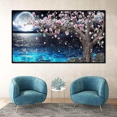 مجموعتان من مجموعات الرسم الماسي (40 × 70 سم)، بحيرة وقمر مع شلال تطريز دائري كامل، مجموعات فنية كبيرة الحجم للبالغين، فن الرسم بالاحجار الكريمة الكريستالية لديكور حائط المنزل 27.5 × 15.7 انش in Kuwait