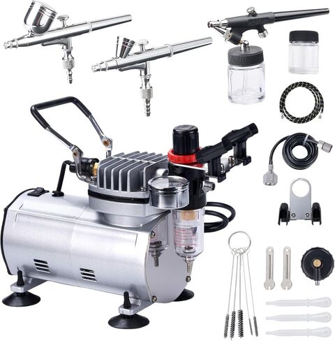 Airbrush Kit with Compressor, 1/5HP Motor with MAX100 PSI, Professional Airbrush Set with 3 Airbrushes, Quiet Airbrush Paint Kit with Cleaning Kit, Airbrush Holder, Ideal for Painting Models in Kuwait