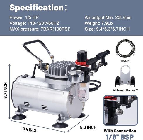 Airbrush Kit with Compressor, 1/5HP Motor with MAX100 PSI, Professional Airbrush Set with 3 Airbrushes, Quiet Airbrush Paint Kit with Cleaning Kit, Airbrush Holder, Ideal for Painting Models in Kuwait