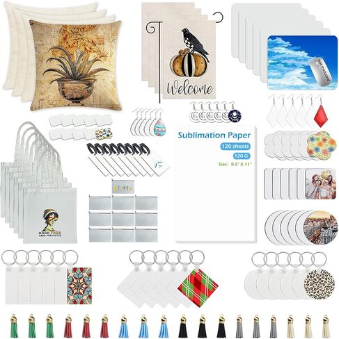 ReArt 211PCS Sublimation Blank Products - Sublimation Paper 11x8.5In 120 Sheet 120G, Makeup Bag, Tote Bag, Fridge Magnet, Coaster Keychain Earring Mouse Pad Pillow Cover Travel Tag Garden Flag in Kuwait