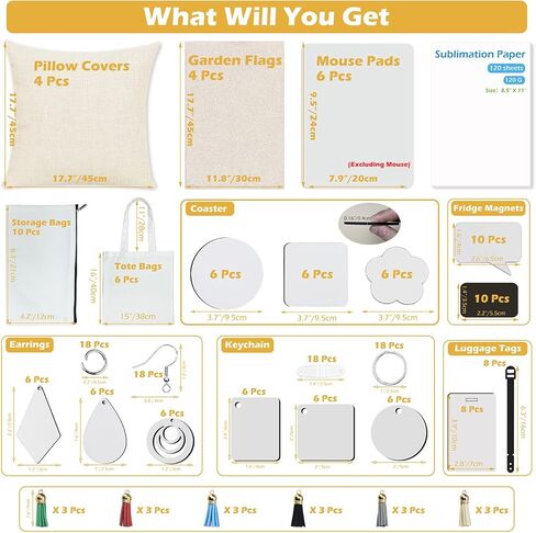 ReArt 211PCS Sublimation Blank Products - Sublimation Paper 11x8.5In 120 Sheet 120G, Makeup Bag, Tote Bag, Fridge Magnet, Coaster Keychain Earring Mouse Pad Pillow Cover Travel Tag Garden Flag in Kuwait