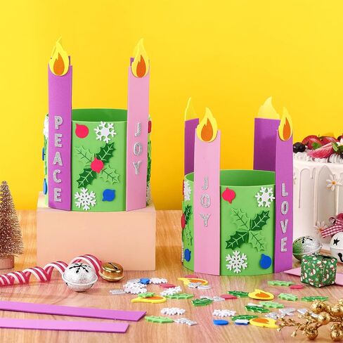 Syhood 16 Set Advent Foam Candle Wreath Christmas DIY Advent Candles Wreath Craft for Kids Advent Wreath Candles with Holly Red Berry Love Peace Hope Joy Words for Xmas Centerpiece Table Decor in Saudi Arabia