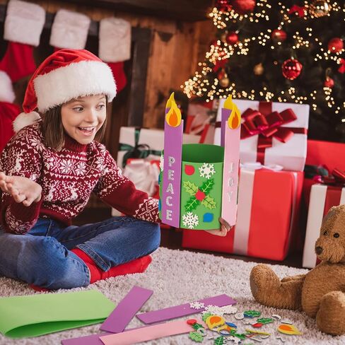 Syhood 16 Set Advent Foam Candle Wreath Christmas DIY Advent Candles Wreath Craft for Kids Advent Wreath Candles with Holly Red Berry Love Peace Hope Joy Words for Xmas Centerpiece Table Decor in Saudi Arabia